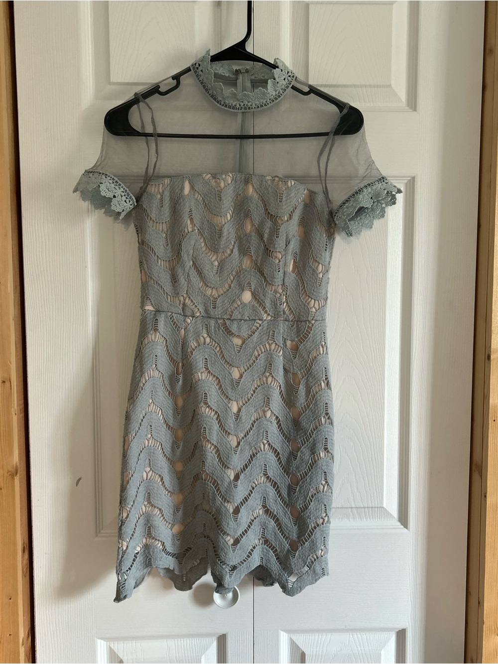 Short Lace Overlay Dress with Sheer Yoke in Light Gray